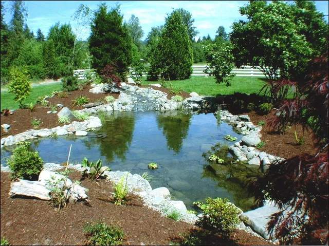 Rock-edged pond with a white fence backdrop
