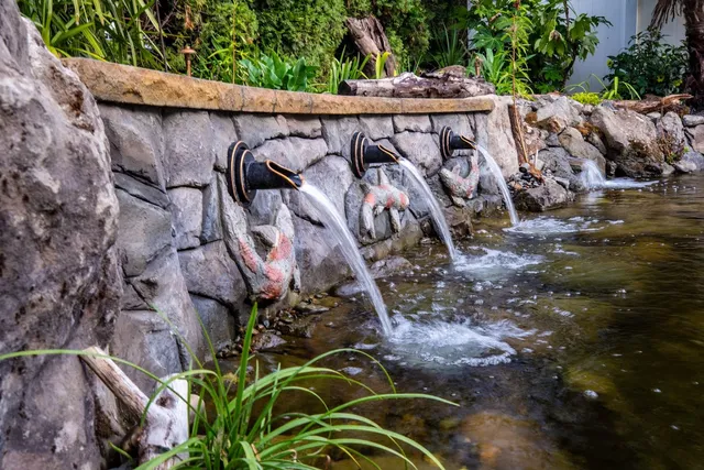 Koi pond fed by three sculpted wall spouts