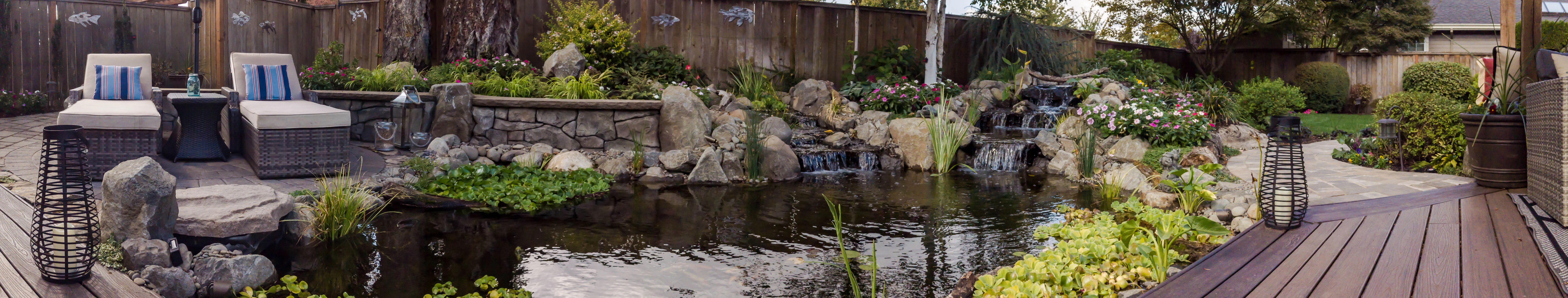 Panoramic backyard pond with waterfall and stone borders by Earthworks
